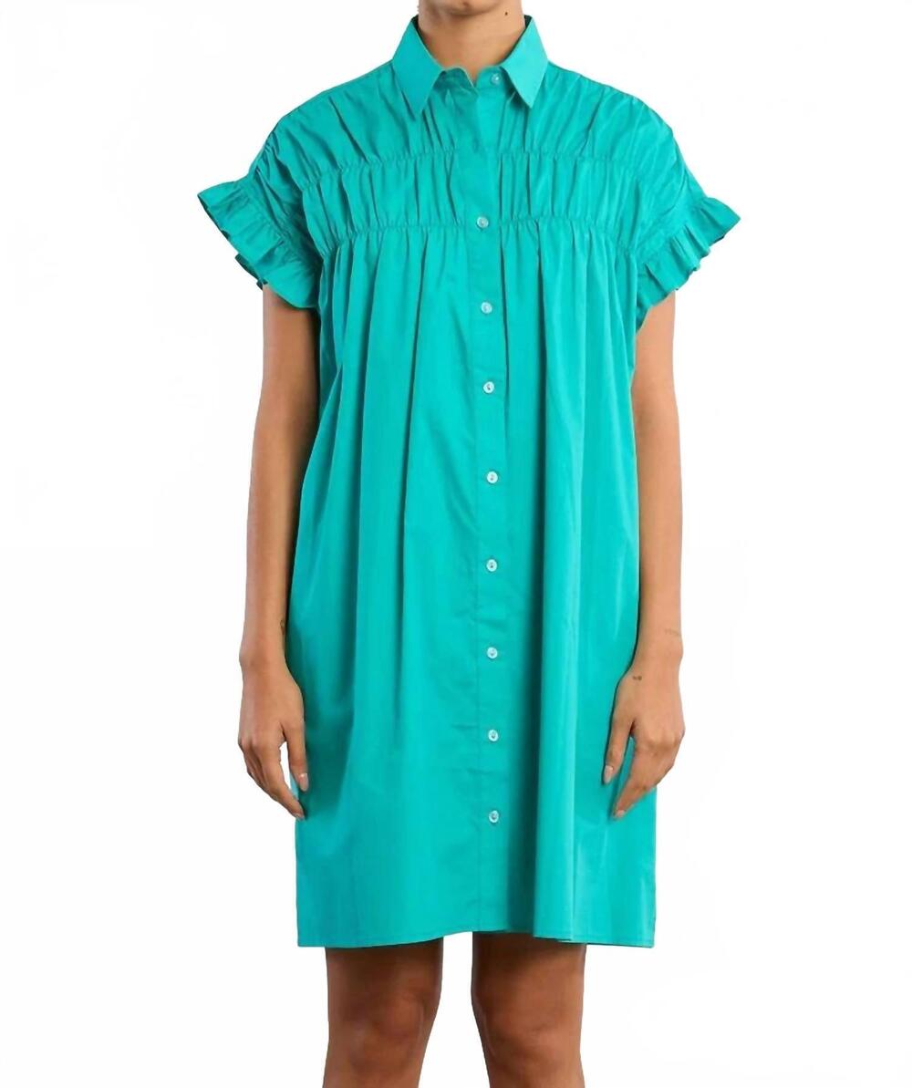 NEW MOLLY BRACKEN smocked cotton shirt dress in mint